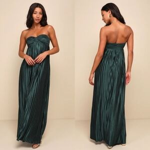 Lulus Whimsical Beauty Emerald Green Satin Plisse Strapless Maxi Dress XXL Party